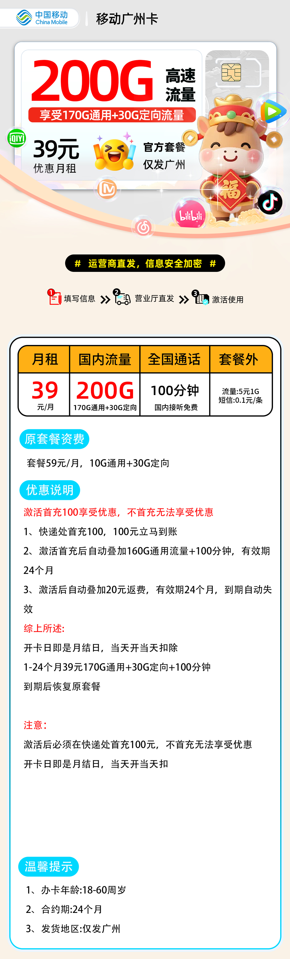 推荐|0107移动广州卡【仅发广州市区】39元170G通用+30G定向+100分钟
