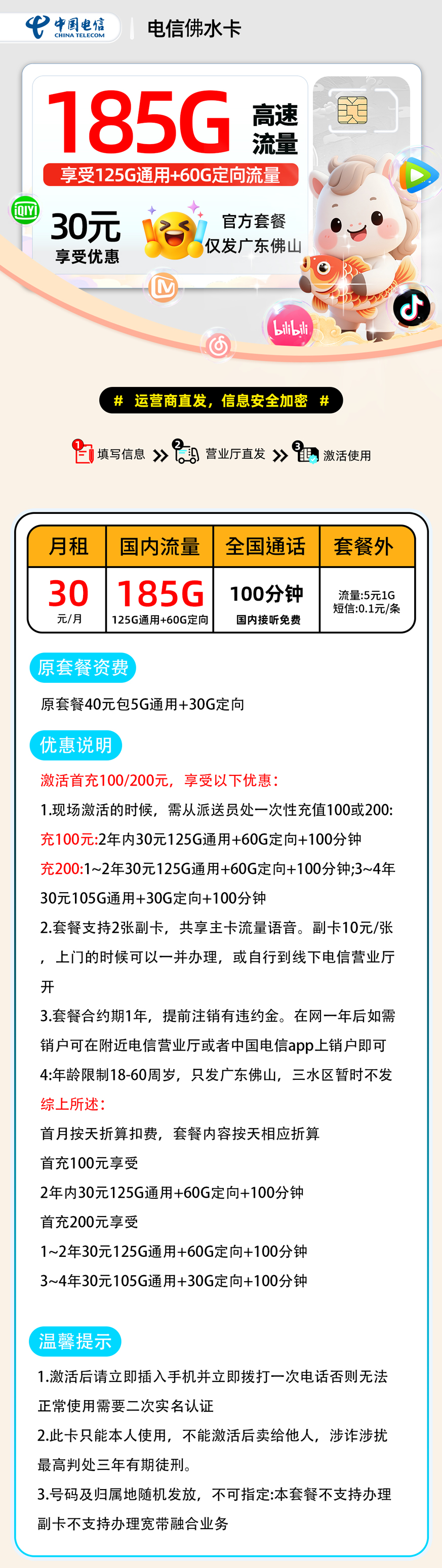 【0128电信佛水卡【佛山市内】】30元125G通用+60G定向+100分钟仅发佛山,18-60