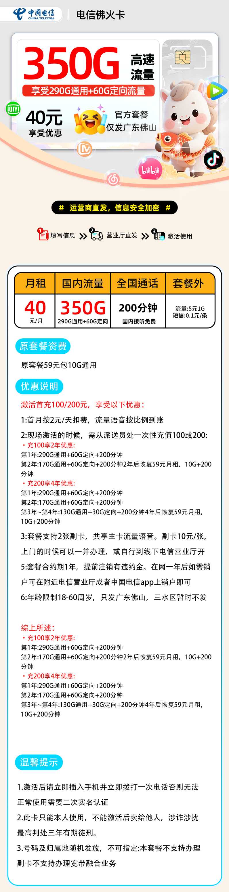 【0128电信佛火卡【佛山市内】】40元290G通用+60G定向+200分钟仅发佛山,18-60