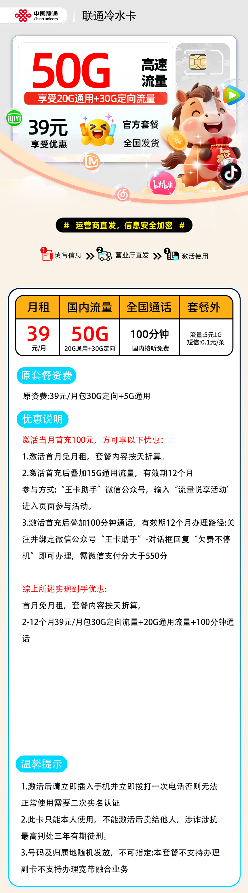 推荐|0129联通冷水卡【全国发货】39元20G通用+30G定向+100分钟
