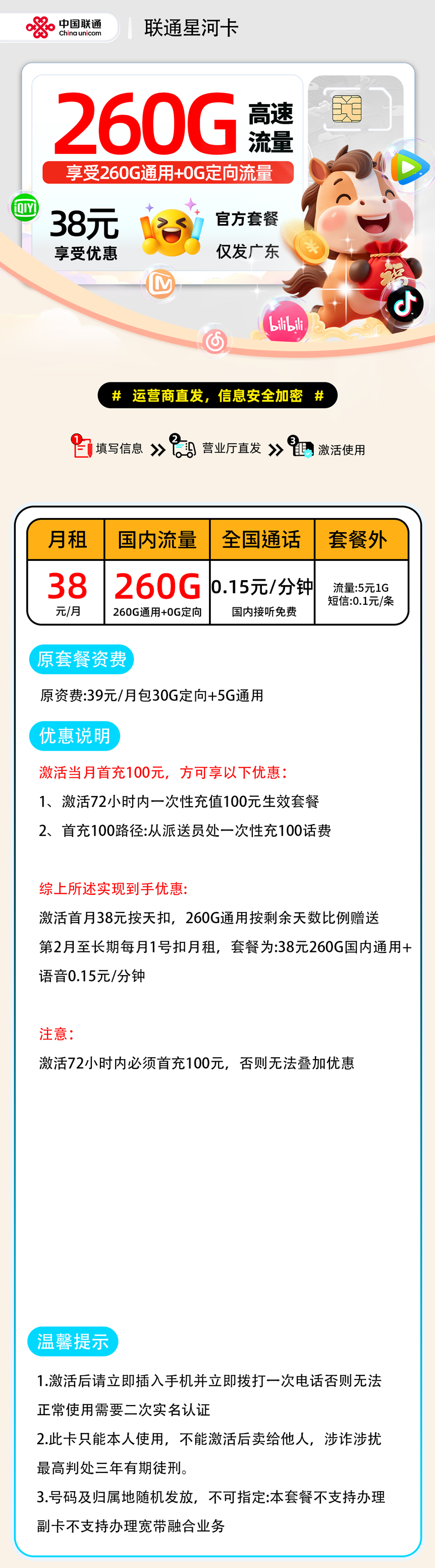【0130联通星河卡【广东省内】】38元260G通用+0.15元/分钟仅发广东,18-60,激活后72小时内首充100元