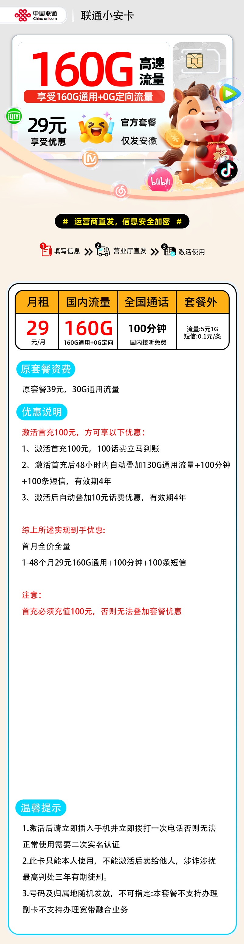 推荐|0131联通小安卡【安徽省内】29元160G通用+100分钟+100条短信