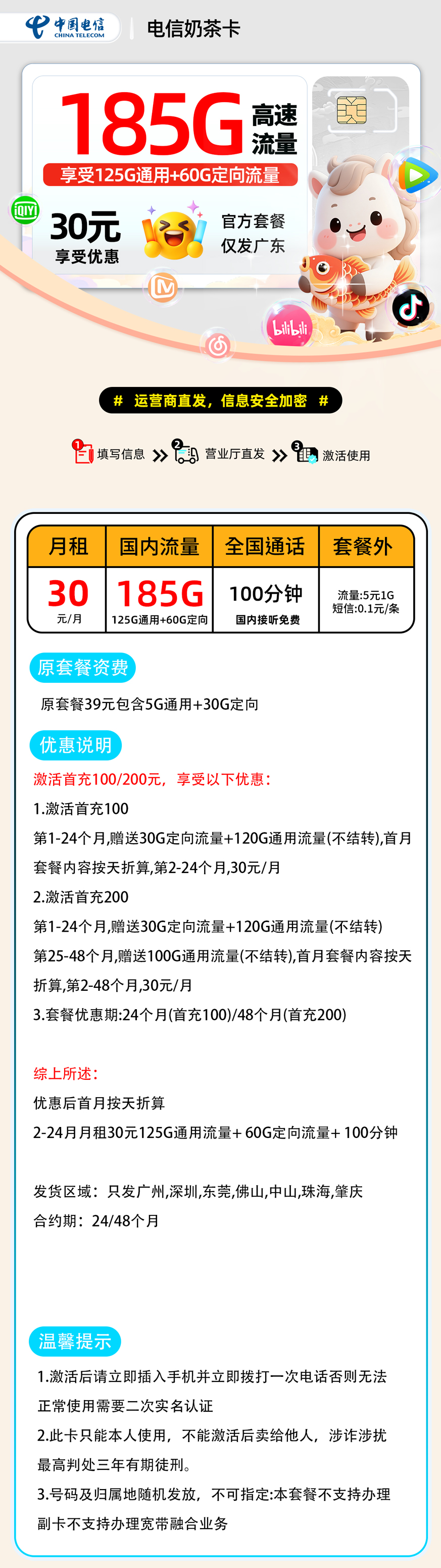 【0201电信奶茶卡【广东省内】】30元125G通用+60G定向+100分钟仅发广东部分地区，18-60