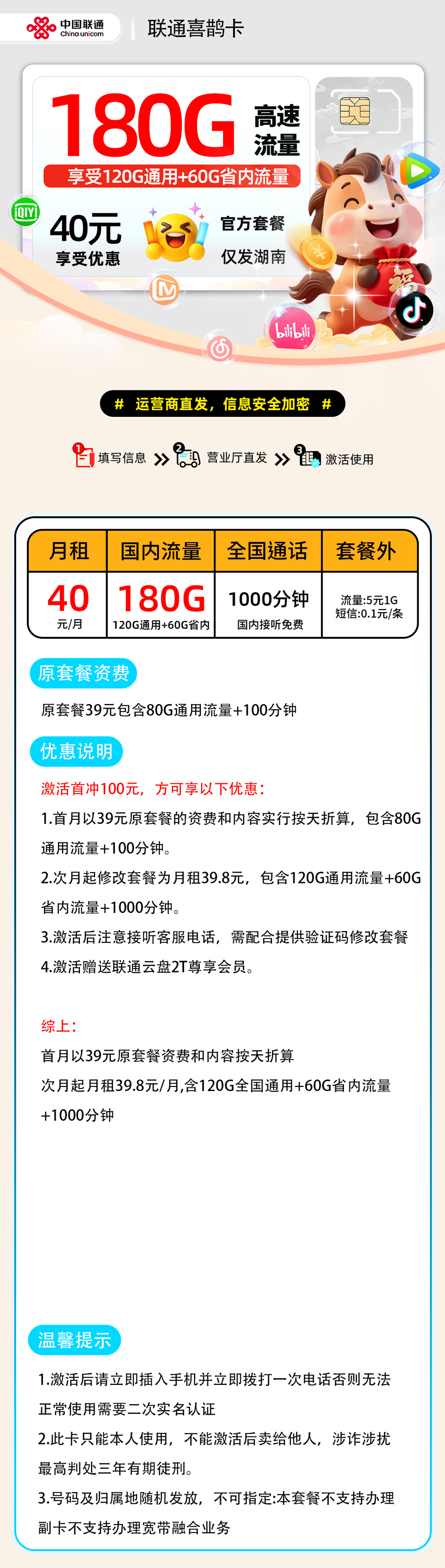 【0203联通喜鹊卡【湖南省内】】40元120G通用+60G省内+1000分钟自主激活,18-28,三照下单,仅发湖南