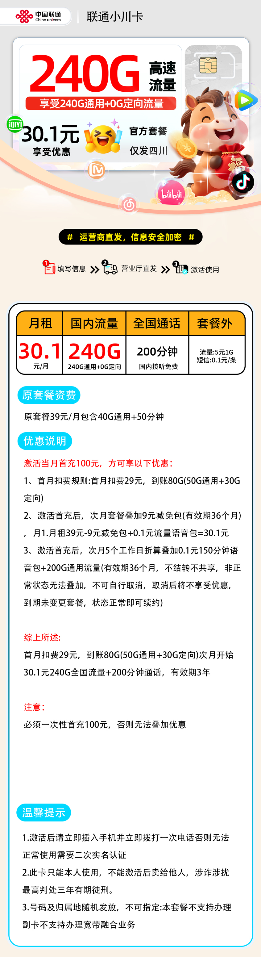 【0206联通小川卡【四川省内】】30.1元240G通用+200分钟仅发四川,18-60,上门激活