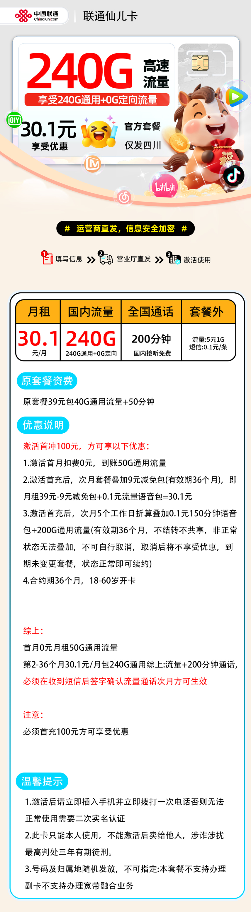 推荐|0210联通仙儿卡【四川省内】30.1元240G通用+200分钟