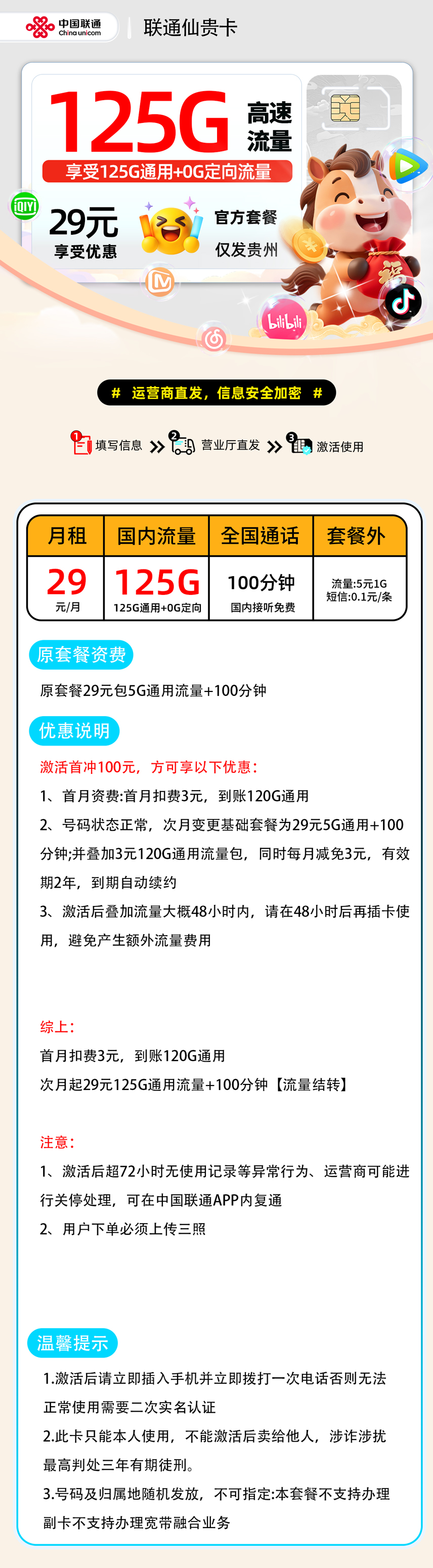 【0210联通仙贵卡【贵州省内】】29元125G通用+100分钟仅发贵州,18-60,自主激活