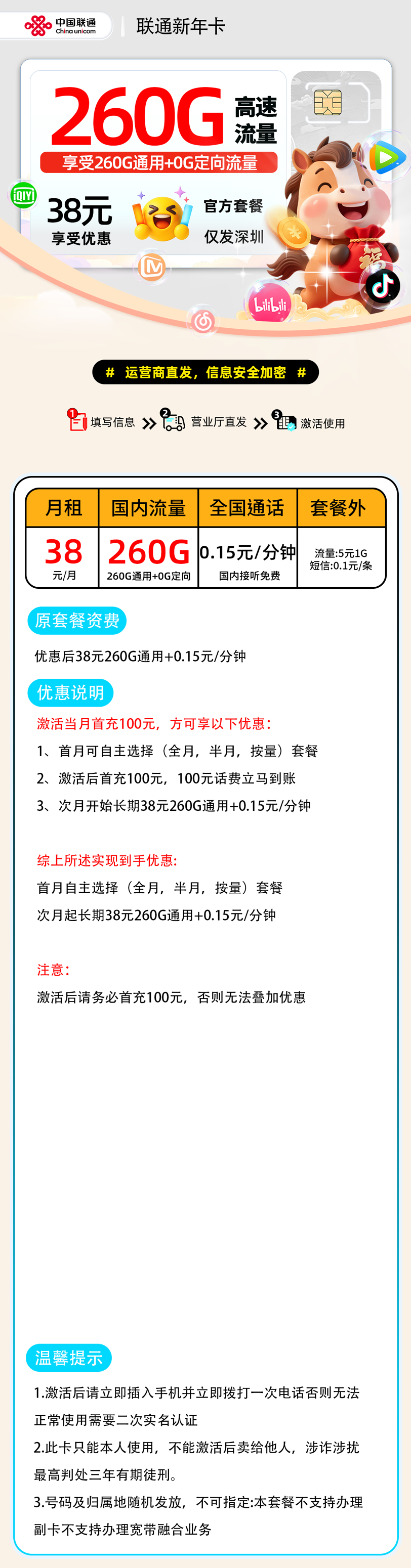 推荐|0223联通新年卡【深圳市内】38元260G通用+0.15元/分钟