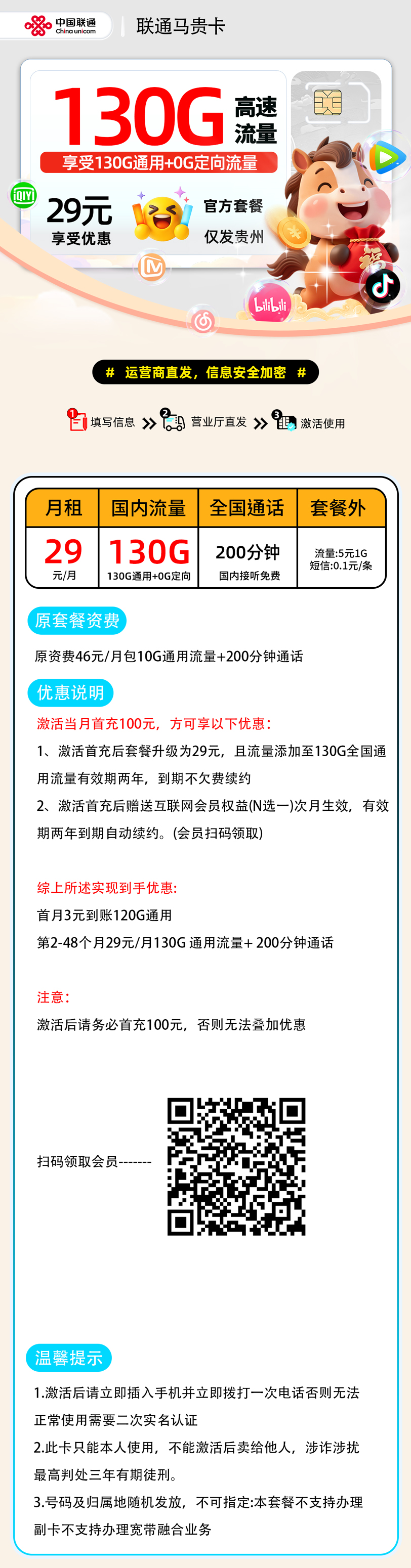 推荐|0223联通马贵卡【贵州省内】29元130G通用+200分钟+会员权益