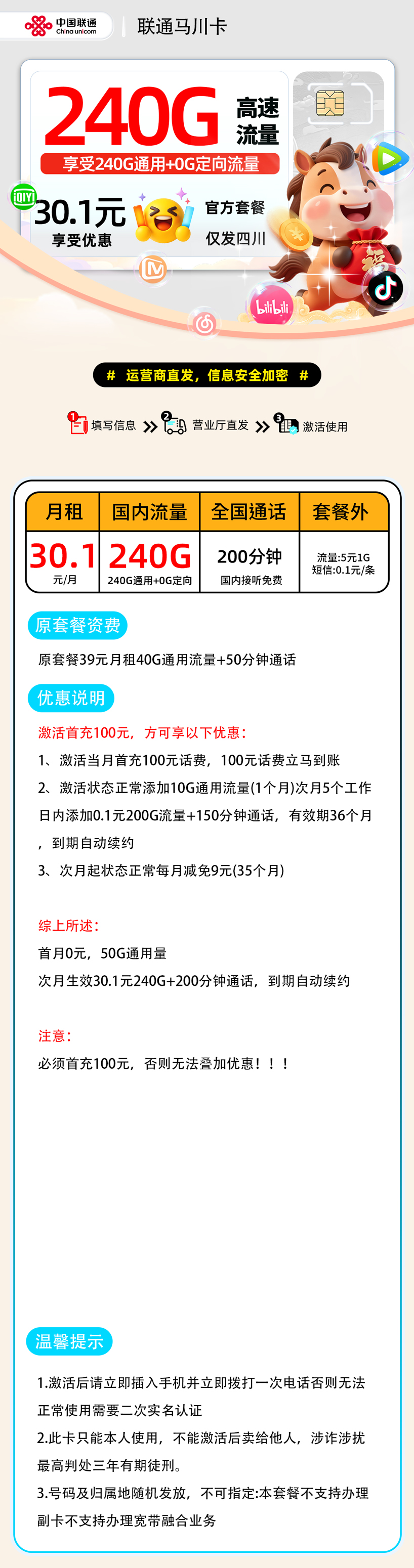推荐|0226联通马川卡【四川省内】30.1元240G通用+200分钟