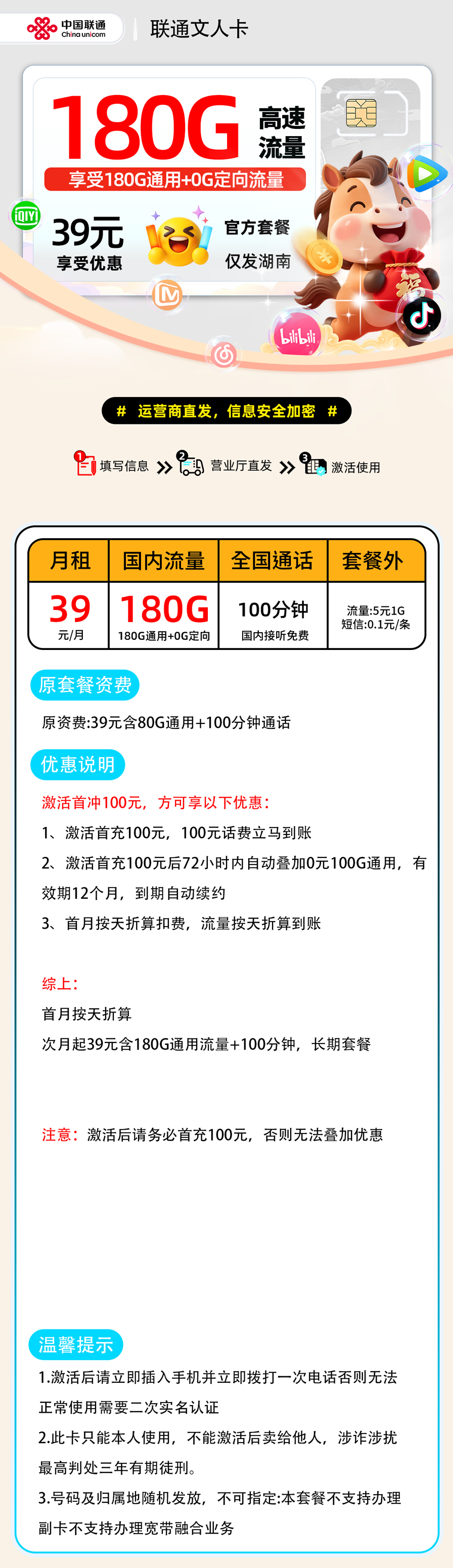 推荐|0301联通文人卡【湖南省内】39元180G通用+100分钟