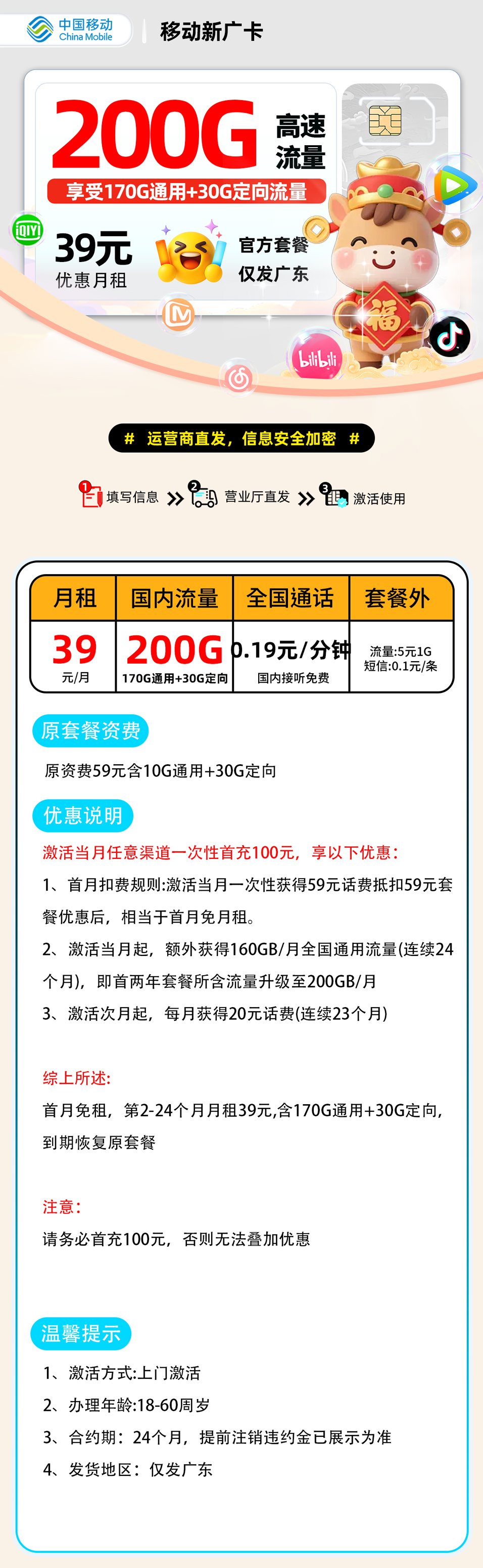 推荐|0301移动新广卡【广东省内】39元170G通用+30G定向+0.19元/分钟
