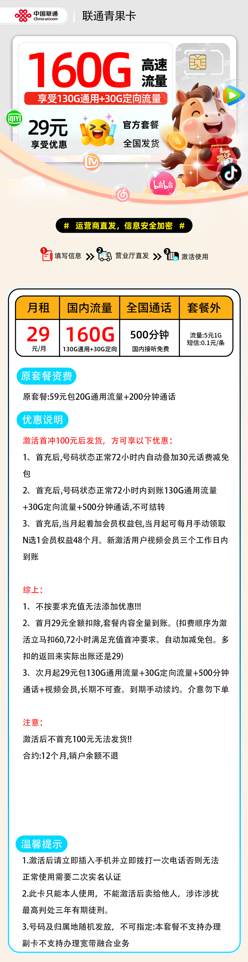 推荐|0303联通青果卡【全国发货】29元130G通用+30G定向+500分钟+会员权益