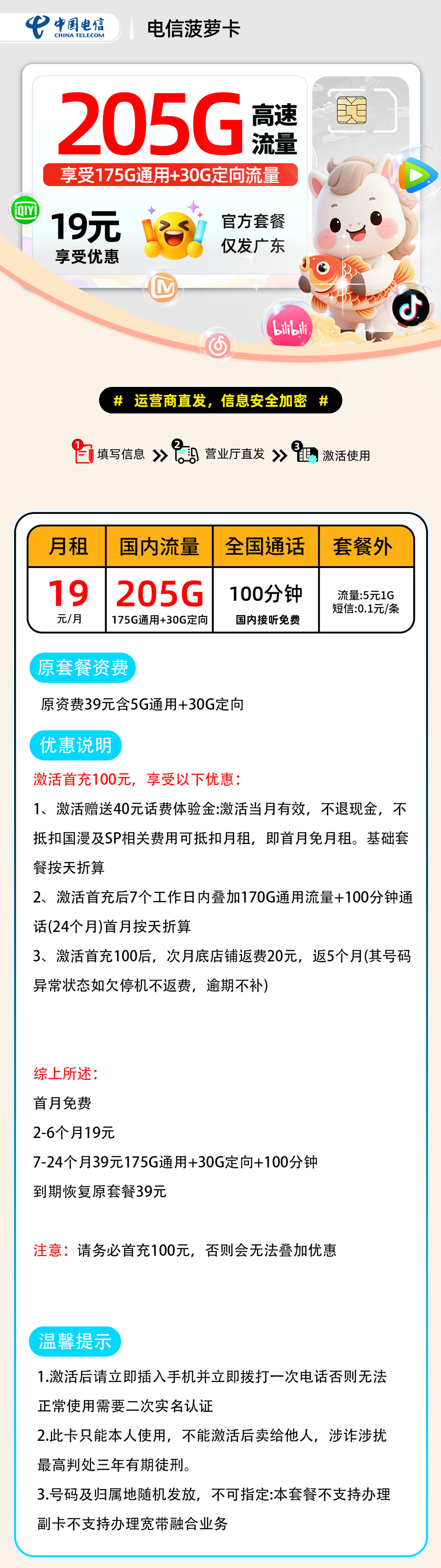 推荐|0303电信菠萝卡【广东省内】19元175G通用+30G定向+100分钟