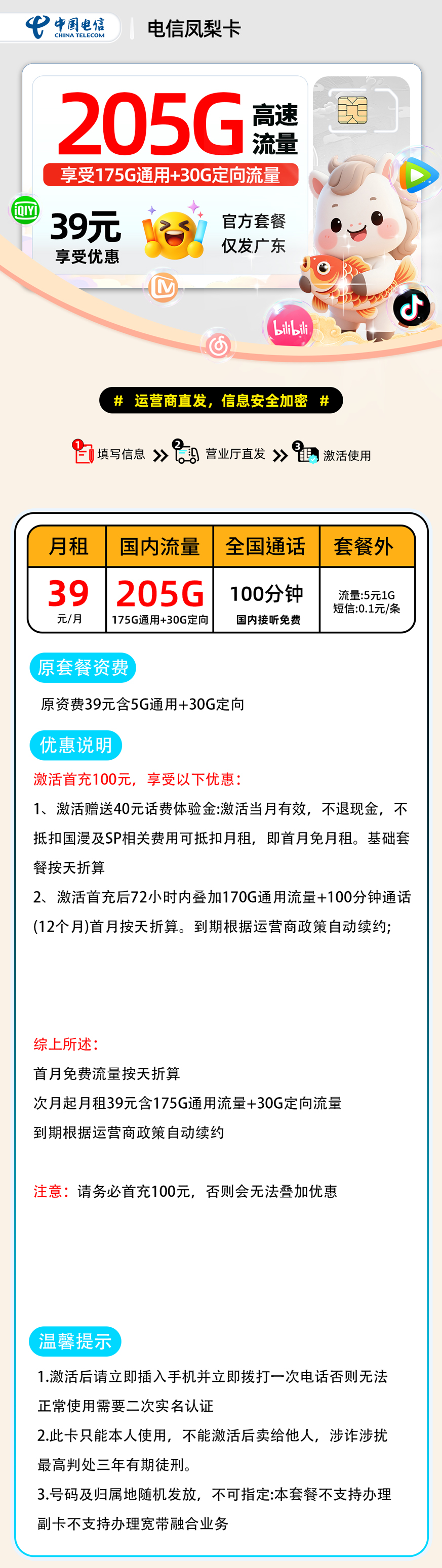 推荐|0303电信凤梨卡【广东省内】39元175G通用+30G定向+100分钟