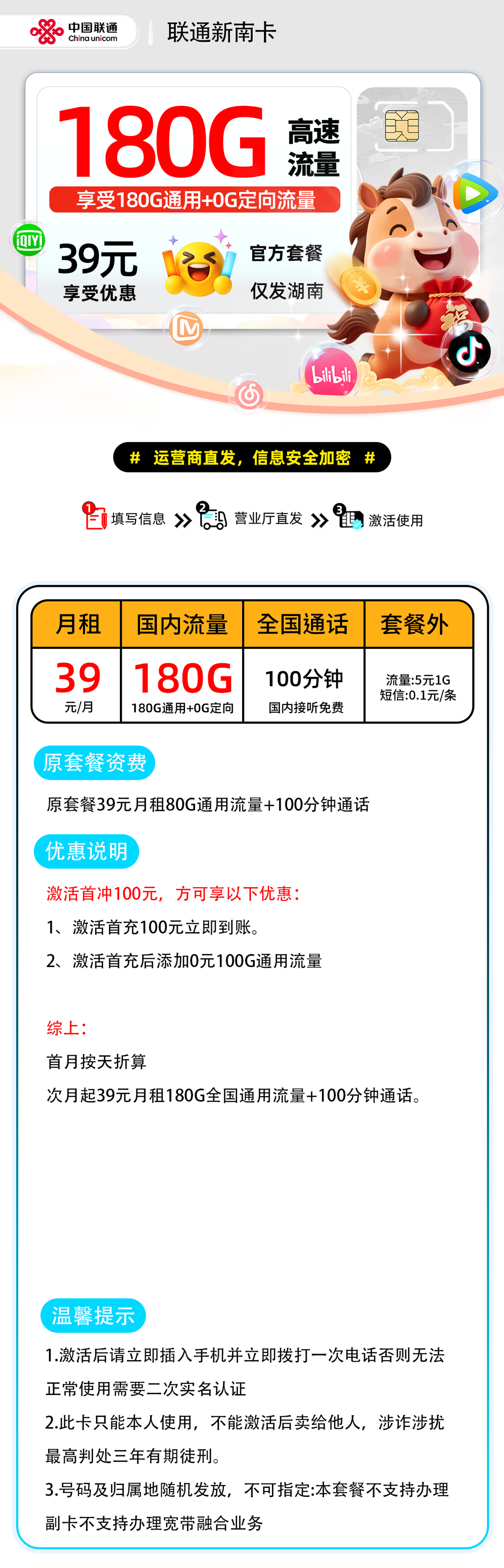 推荐|0303联通新南卡【湖南省内】39元180G通用+100分钟