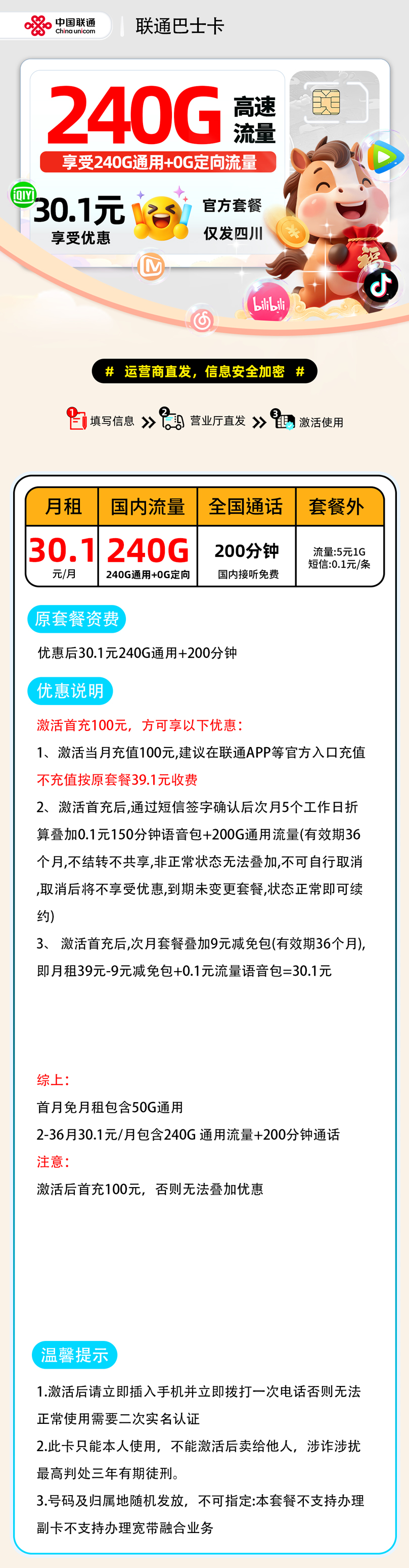 联通巴士卡【四川省内】| 30.1元月享240G+200分钟通话 | 2026最划算的流量卡 , 附办理链接!