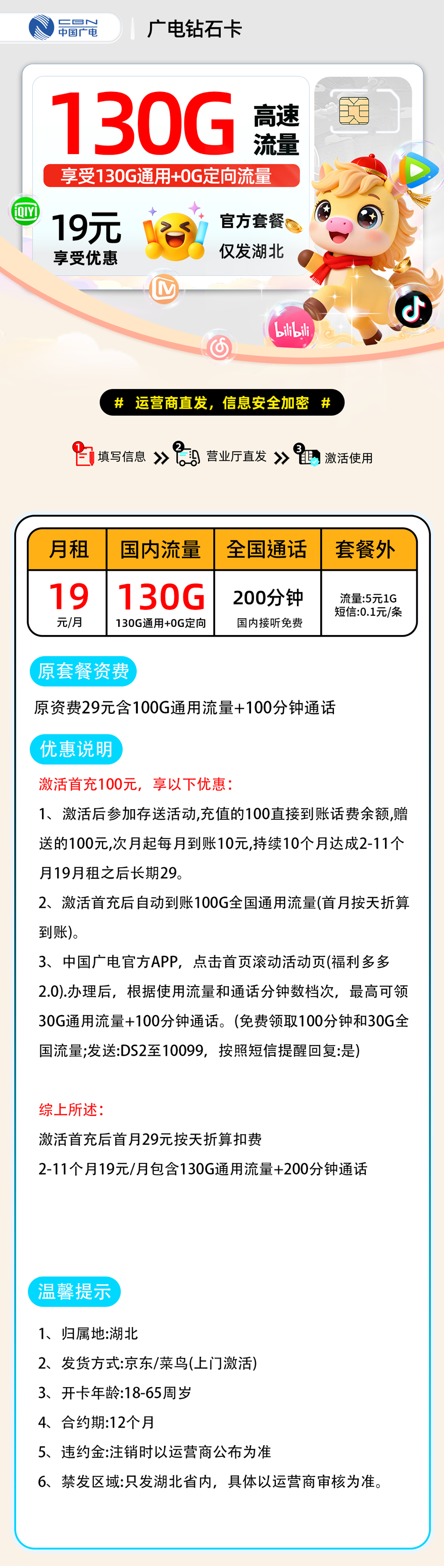 广电钻石卡【湖北省内】| 19元月享130G+200分钟通话 | 正规纯流量卡办理 , 附活动入口!