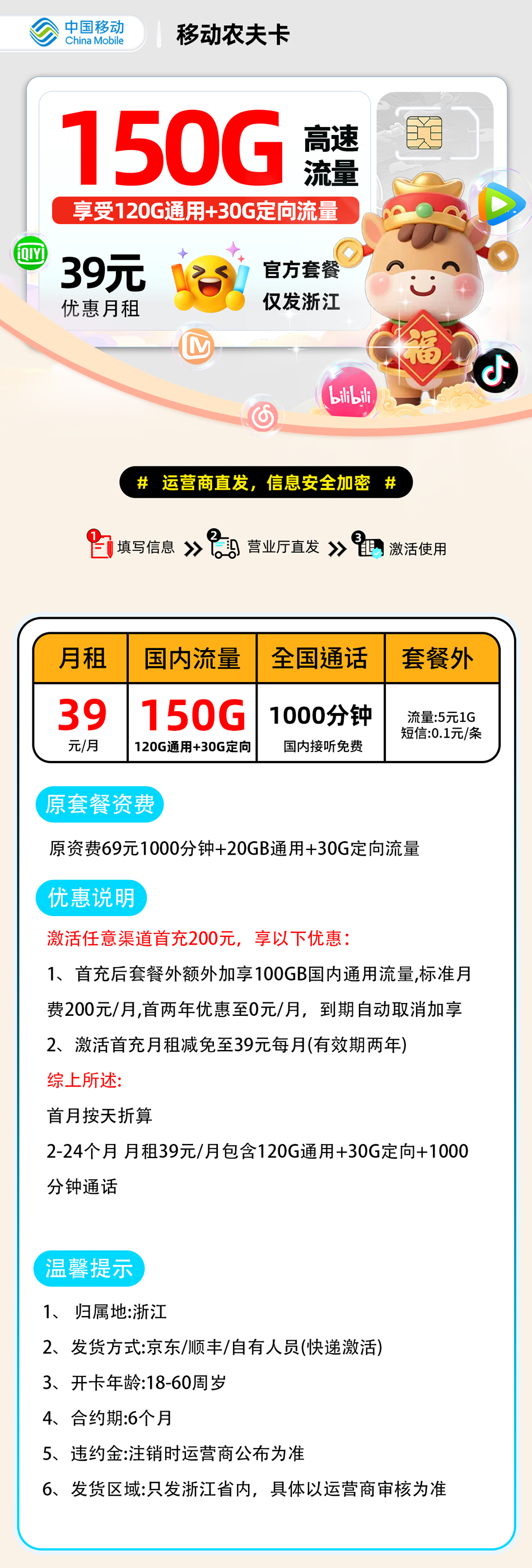 移动农夫卡【浙江省内】| 39元月享150G+000分钟通话 | 2026最划算的流量卡 , 附办理入口!