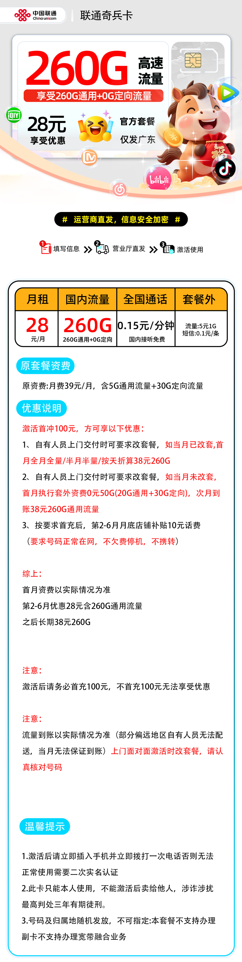 联通奇兵卡【广东省内】| 28元月享260G | 流量卡哪个最划算2026 , 随时下架!