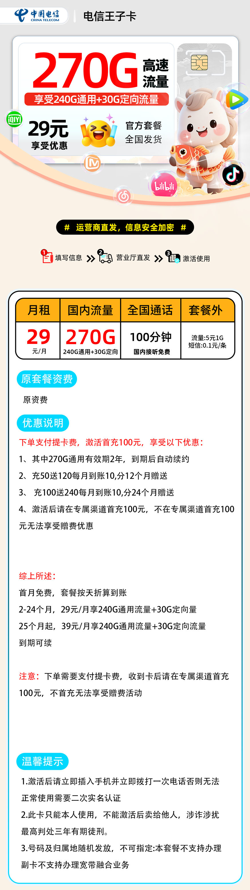 电信王子卡【支付提卡费】| 29元月享270G+100分钟通话 | 正规纯流量卡办理 , 附办理链接!