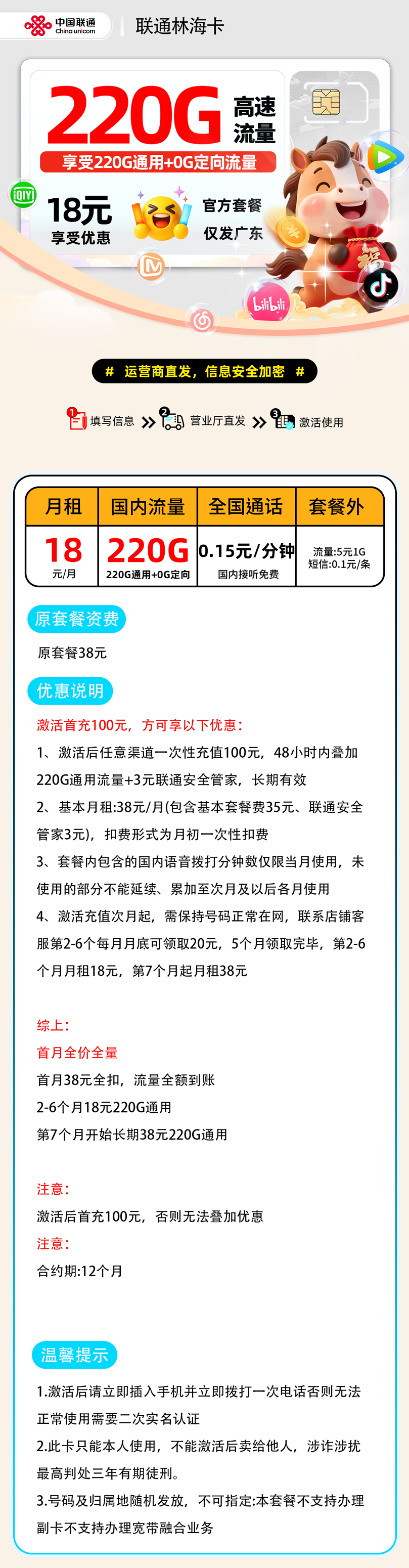 联通林海卡【广东省内】| 18元月享220G | 大流量卡推荐 , 随时下架!