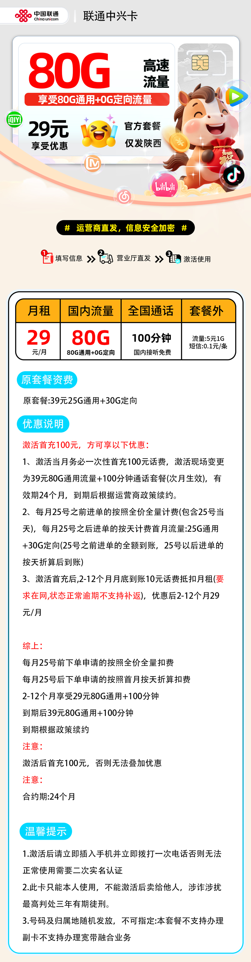 联通中兴卡| 29元月享80G+100分钟通话 | 流量卡推荐 , 附办理链接!