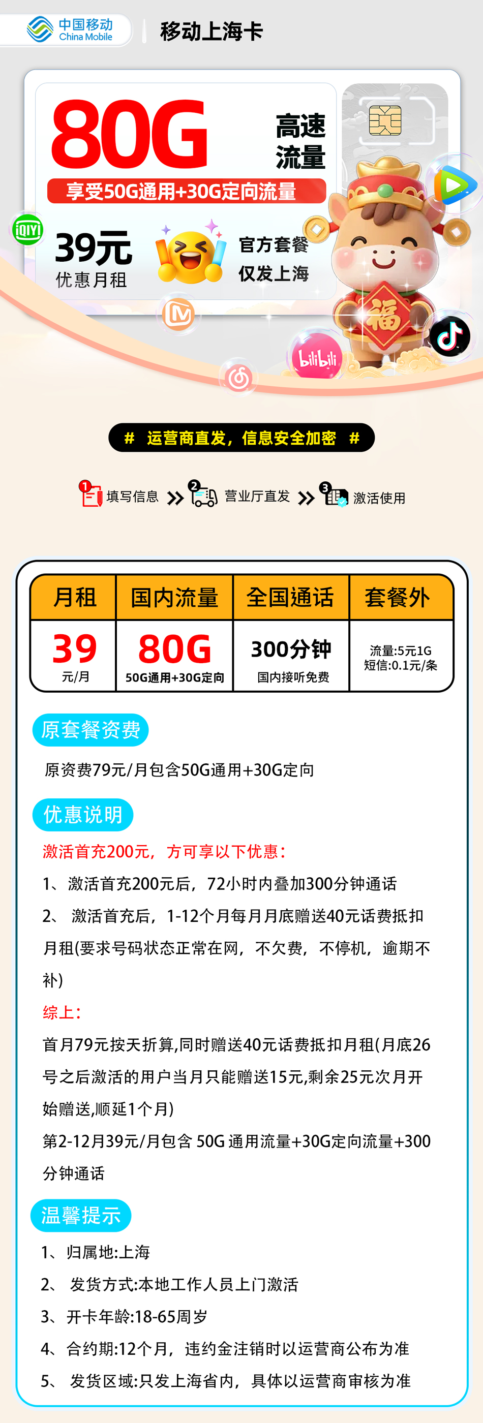 移动上海卡【上海市内】| 39元月享80G+300分钟通话 | 2026最新爆款流量卡 , 随时下架!