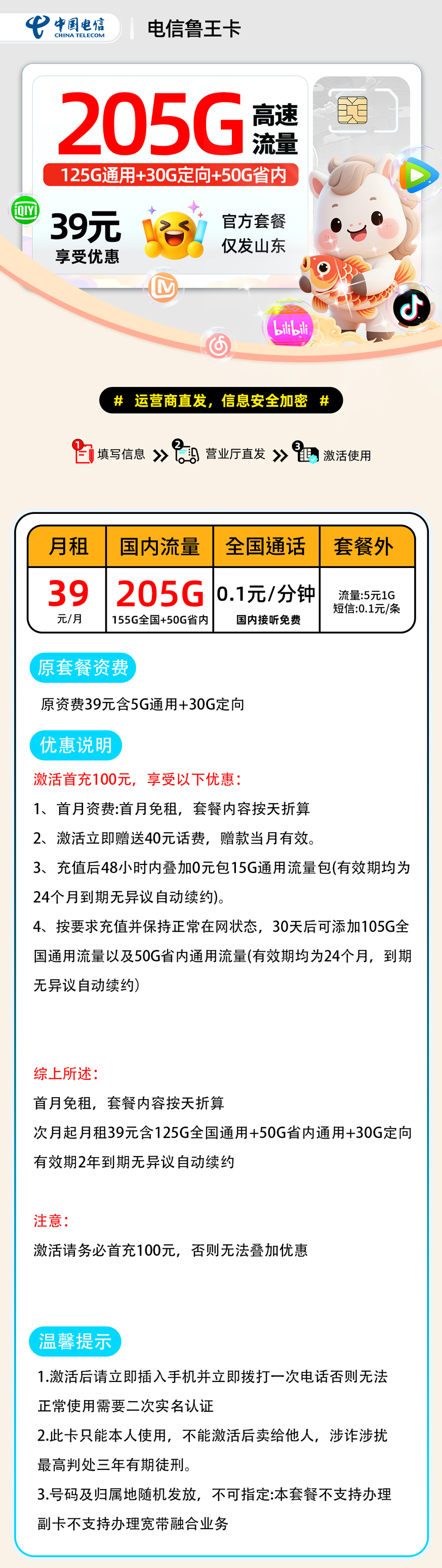电信鲁王卡| 39元月享205G | 正规纯流量卡办理 , 附办理入口!