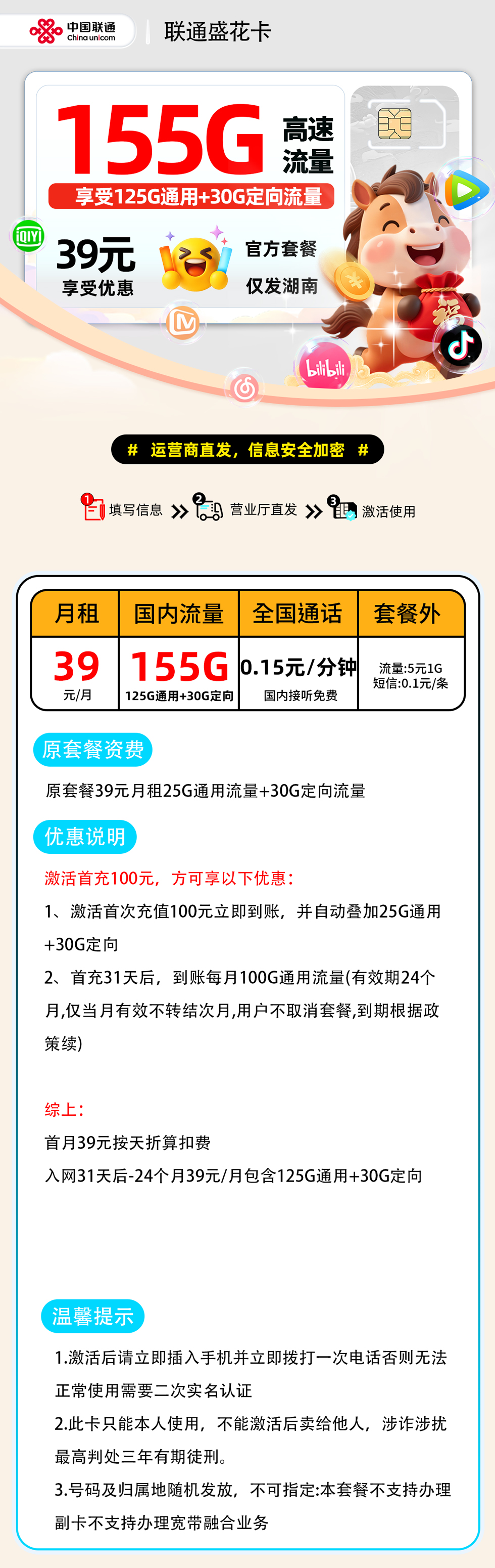 联通盛花卡| 39元月享155G | 流量卡哪里办理 , 附办理入口!