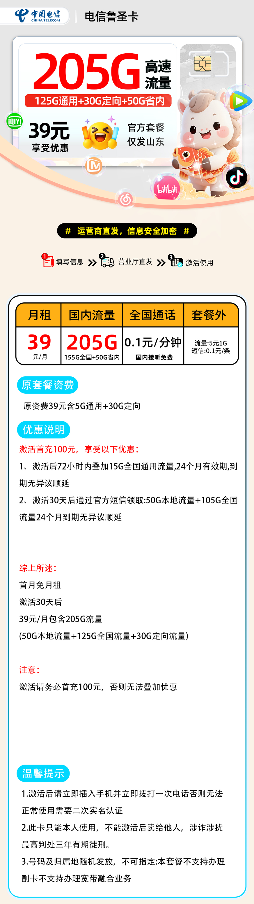 电信鲁圣卡| 39元月享205G | 流量卡省钱攻略 , 随时下架!
