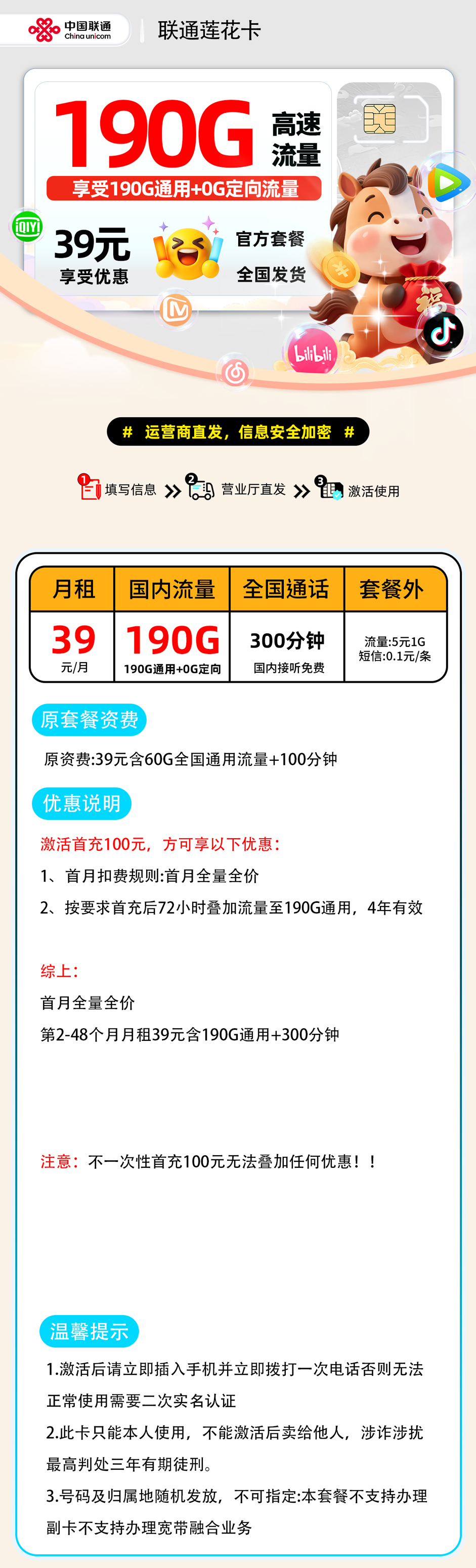联通莲花卡| 39元月享190G+100分钟通话 | 纯流量卡 , 附办理链接!