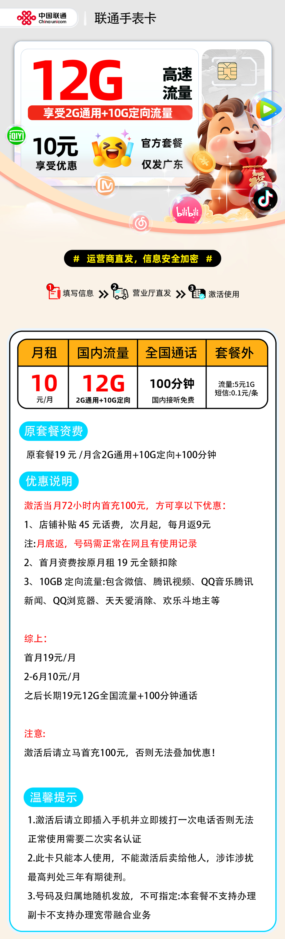 联通手表卡:10元2G通用+10G定向+100分钟