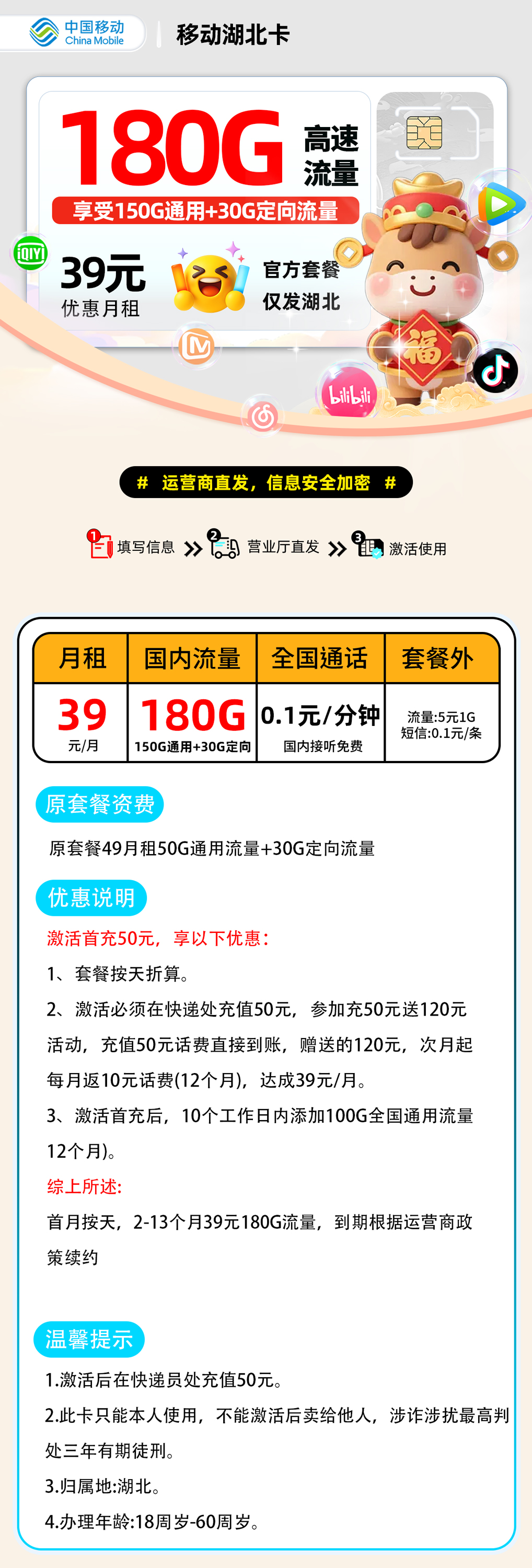 移动湖北卡:39元150G通用+30G定向+0.1元/分钟