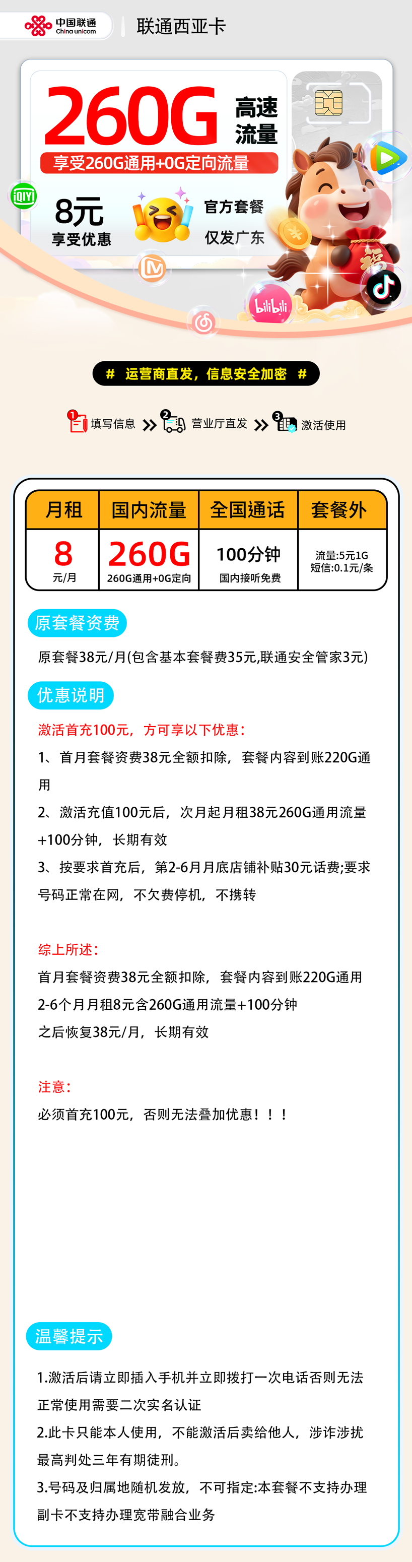 联通西亚卡:8元260G通用+100分钟