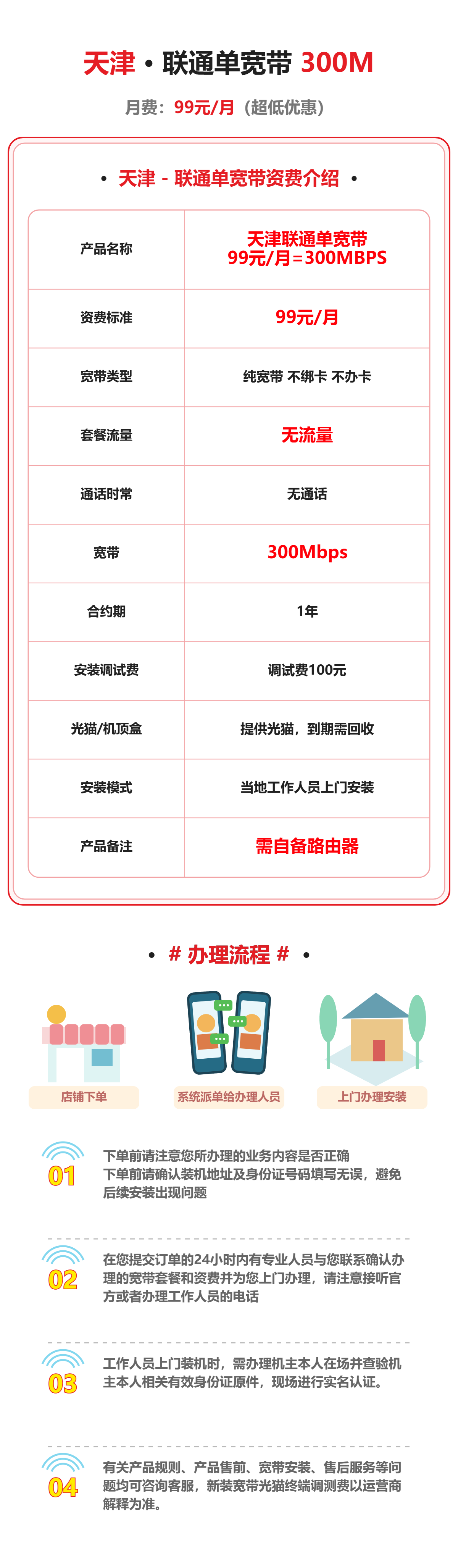 天津联通单宽带300M 资费详情