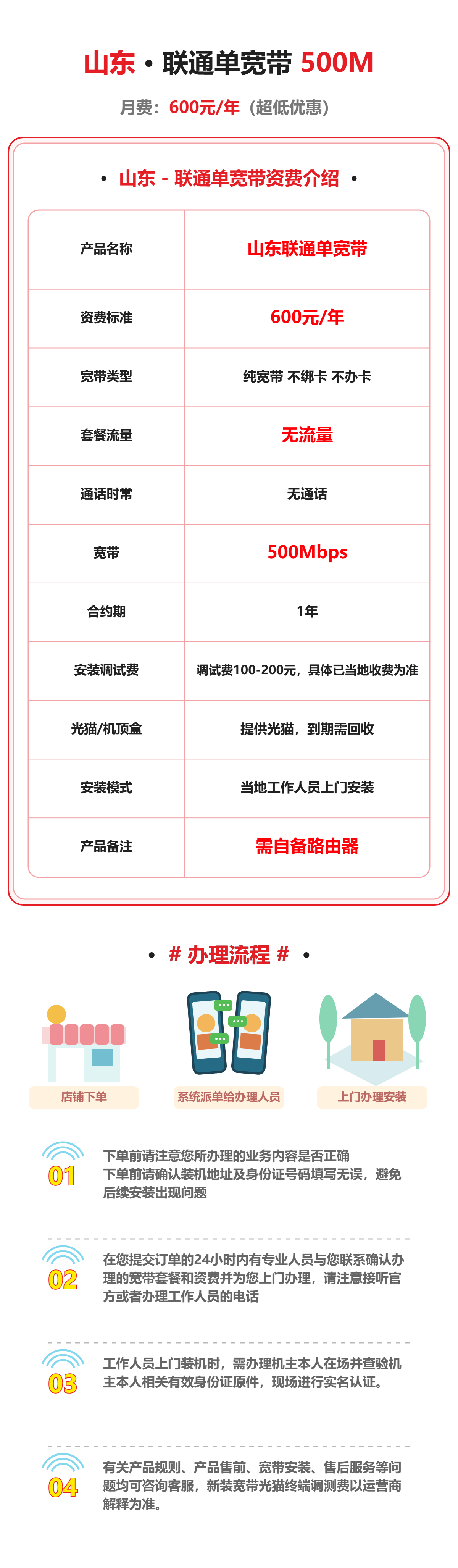 山东联通单宽500M-1年 资费详情