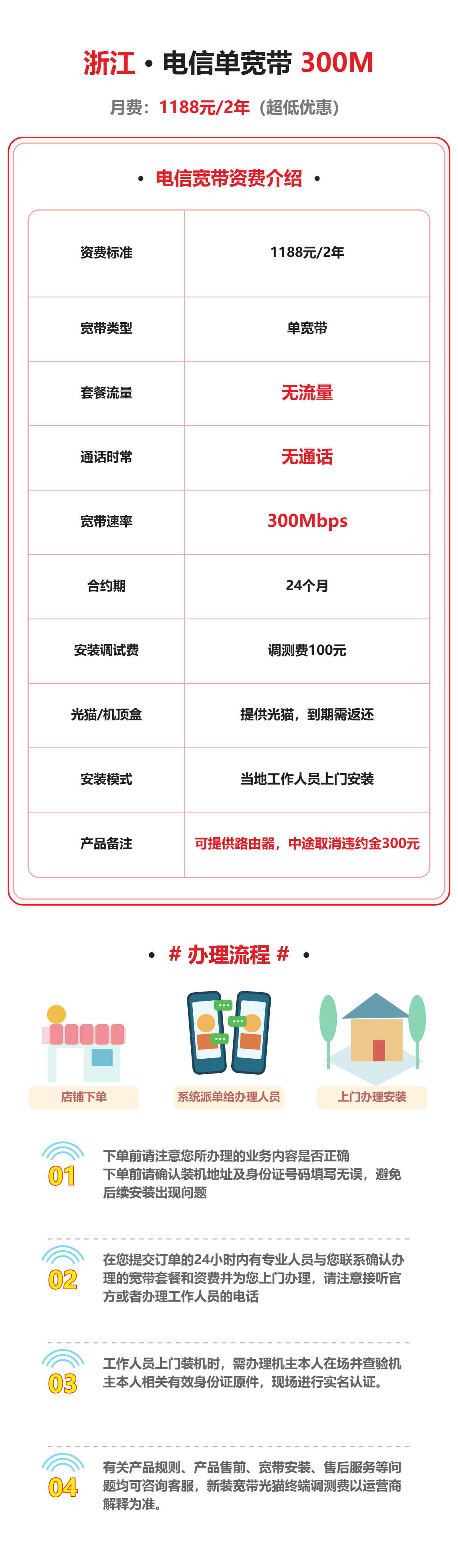 浙江电信单宽带300M-2年 资费详情