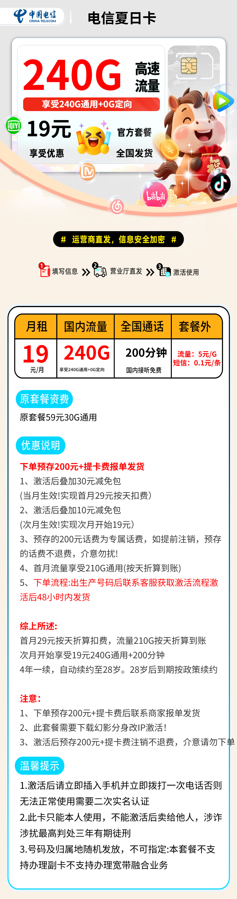 电信夏日卡【报单激活后发货】 资费详情
