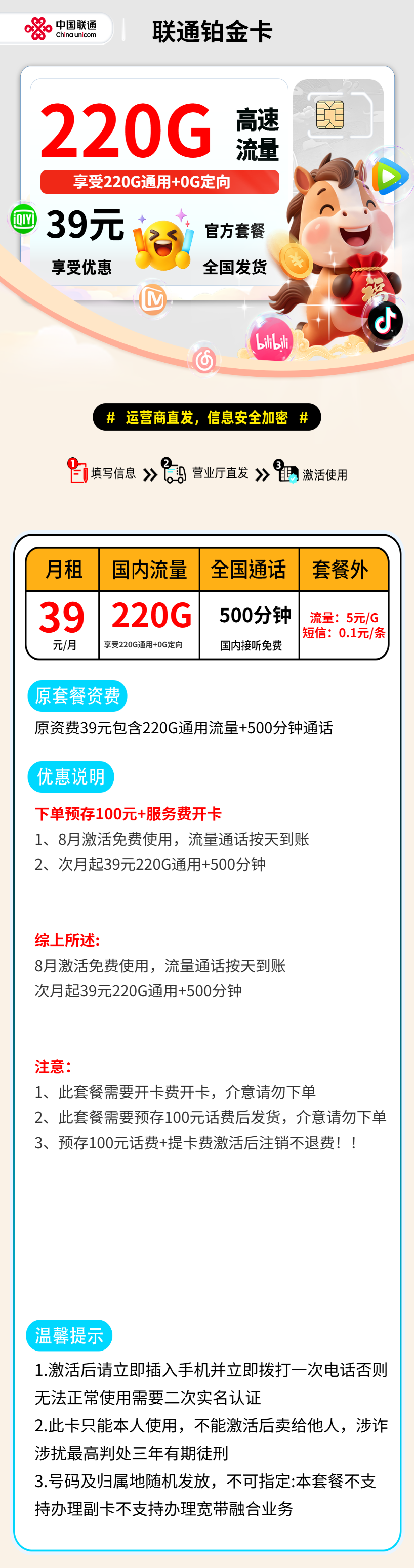 联通铂金卡【预存话费+卡费发货】 详情图 1