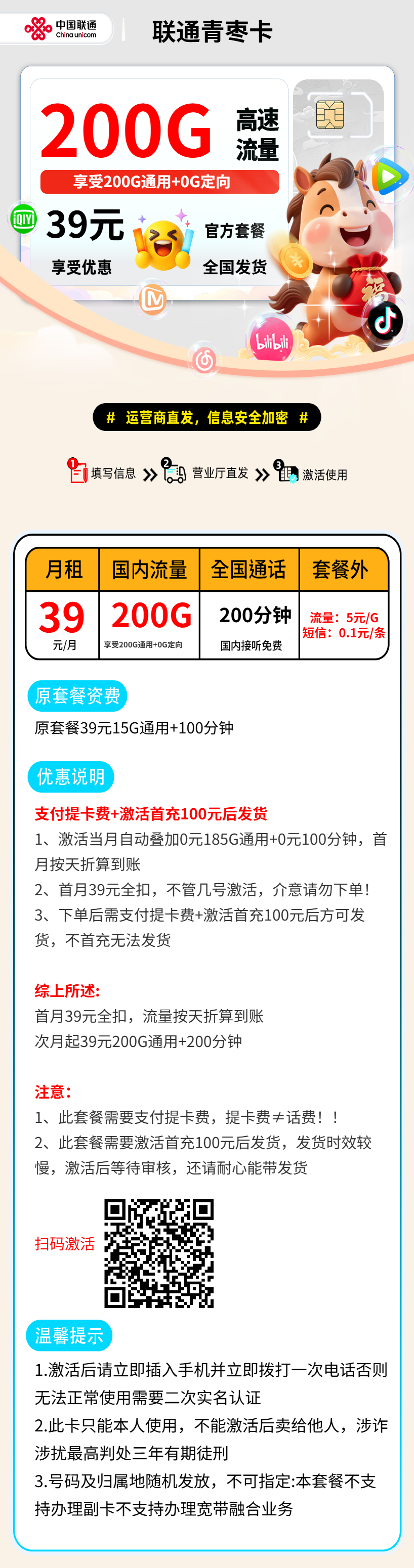 联通青枣卡【限量】 资费详情