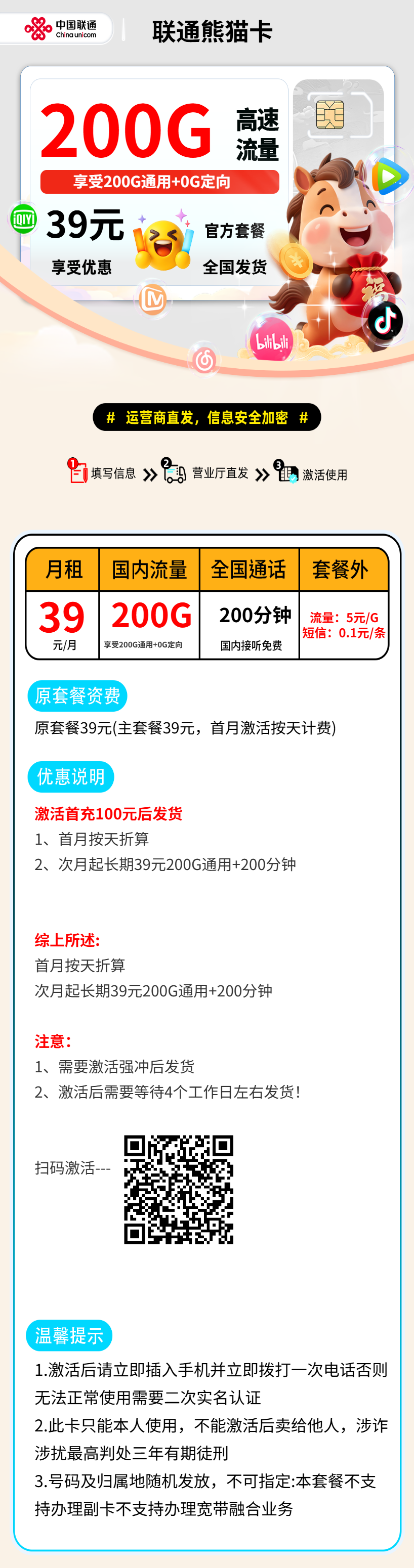 联通熊猫卡【激活首充后发货】 资费详情