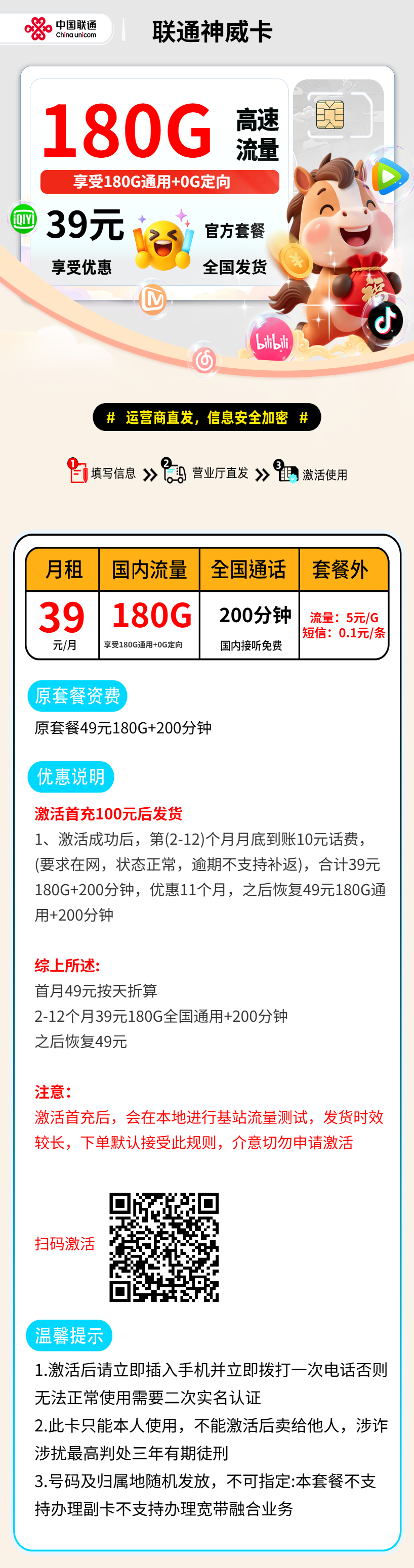 联通神威卡【激活首充后发货】 资费详情
