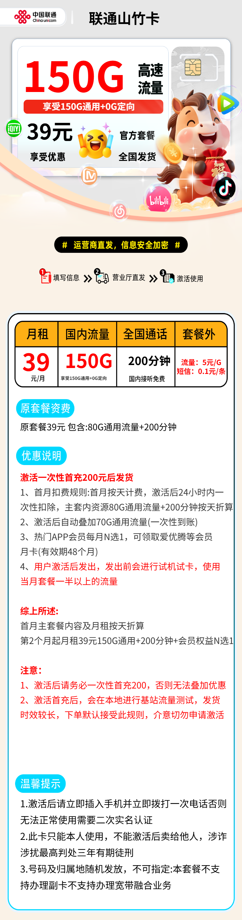 联通山竹卡【激活首充后发货】 资费详情