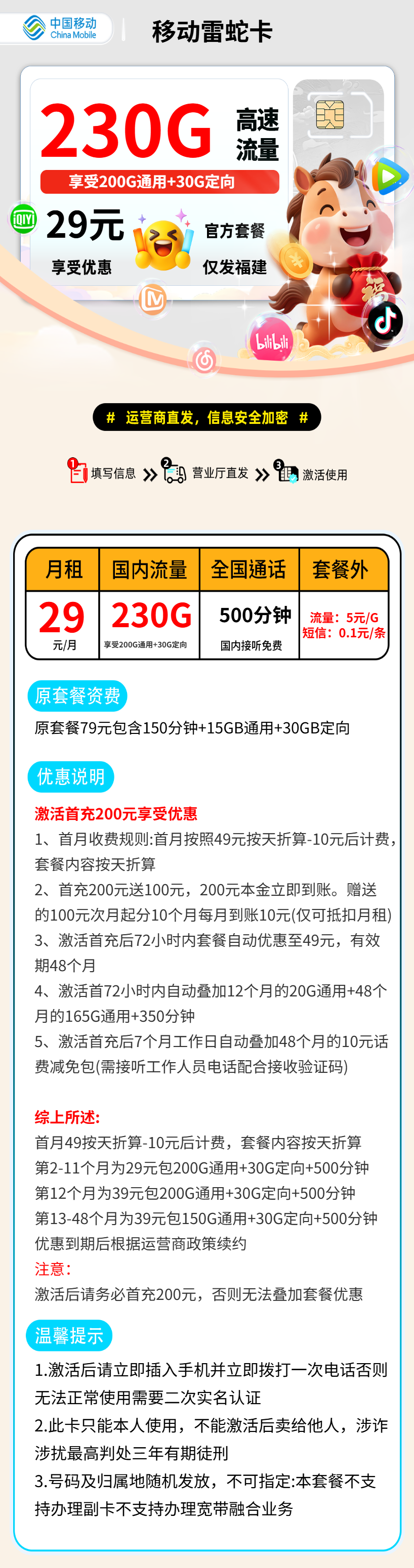 移动雷蛇卡【福建省内】 资费详情