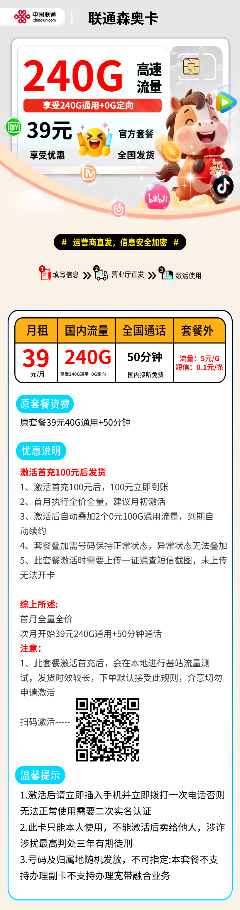 联通森奥卡【激活首充后发货】 资费详情