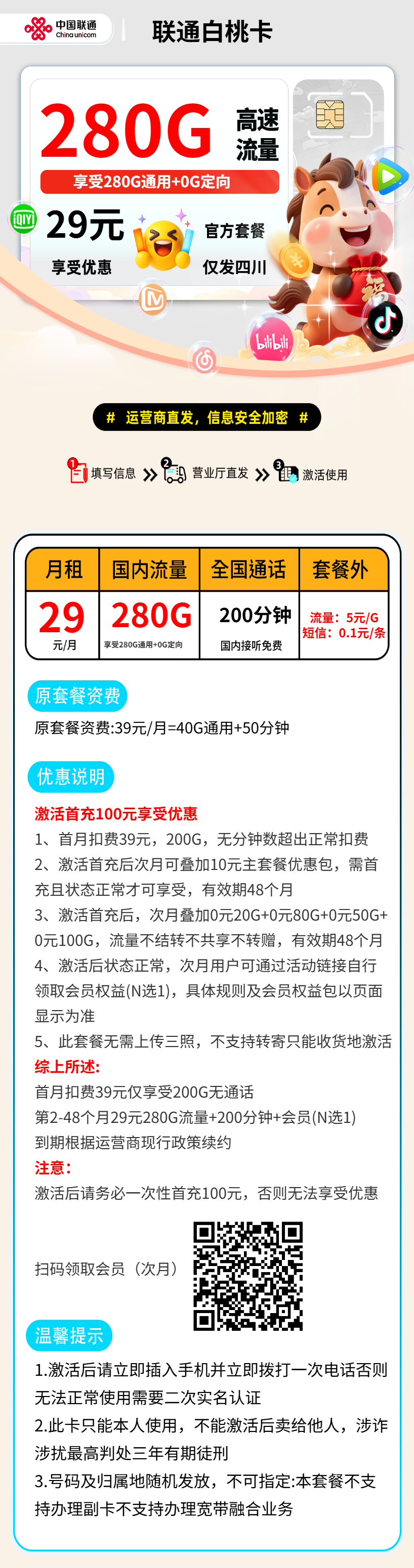 联通白桃卡【四川省内】 资费详情
