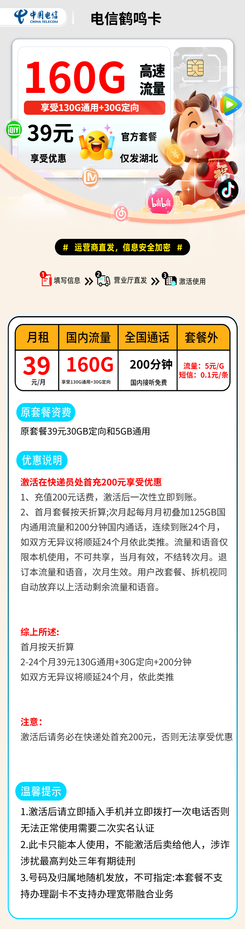 电信鹤鸣卡【湖北部分地区】 资费详情