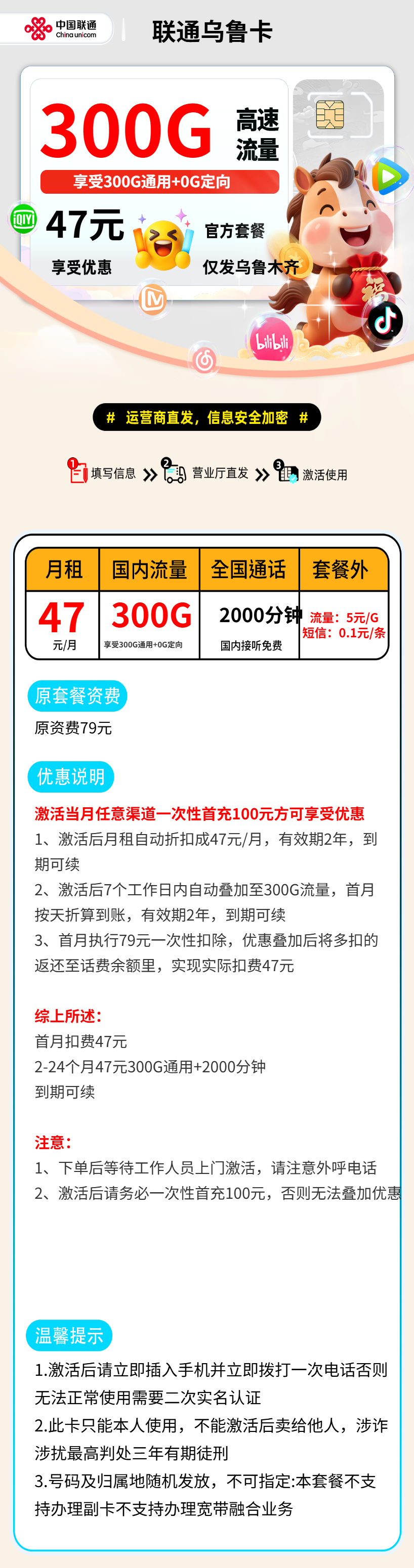 联通乌鲁卡【仅发乌鲁木齐】 资费详情