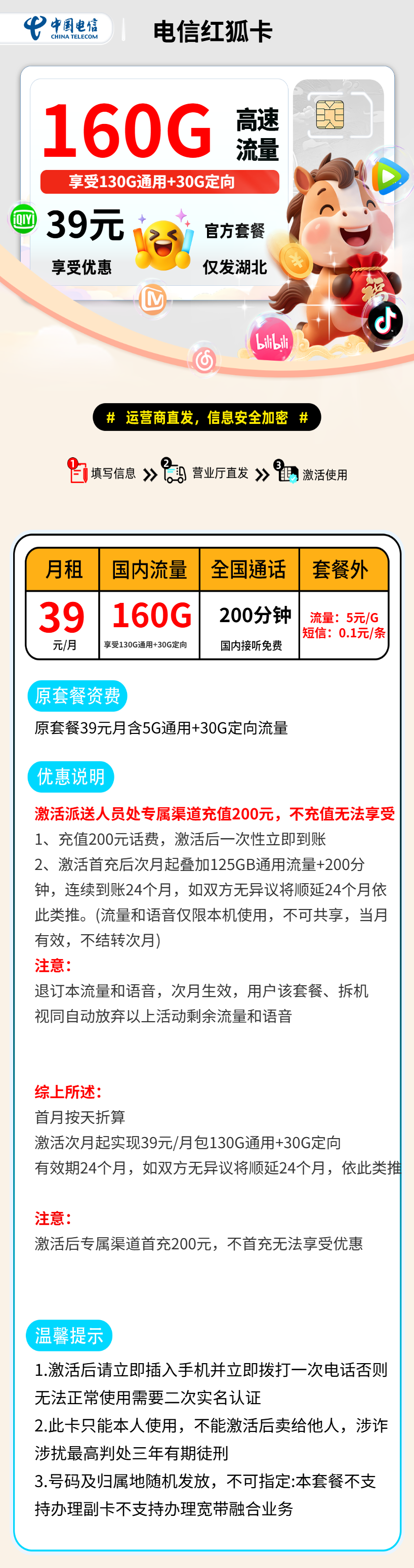 电信红狐卡【湖北省内】 资费详情